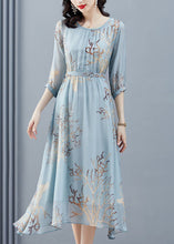 Load image into Gallery viewer, Sky Blue Print Chiffon Beach Dress Cinched Exra Large Hem Half Sleeve
