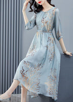 Sky Blue Print Chiffon Beach Dress Cinched Exra Large Hem Half Sleeve