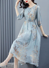 Load image into Gallery viewer, Sky Blue Print Chiffon Beach Dress Cinched Exra Large Hem Half Sleeve