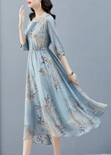 Load image into Gallery viewer, Sky Blue Print Chiffon Beach Dress Cinched Exra Large Hem Half Sleeve