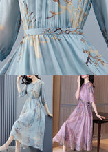 Load image into Gallery viewer, Sky Blue Print Chiffon Beach Dress Cinched Exra Large Hem Half Sleeve