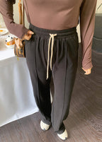 Slim Fit Black Elastic Waist Drawstring Velour Straight Pants Fall