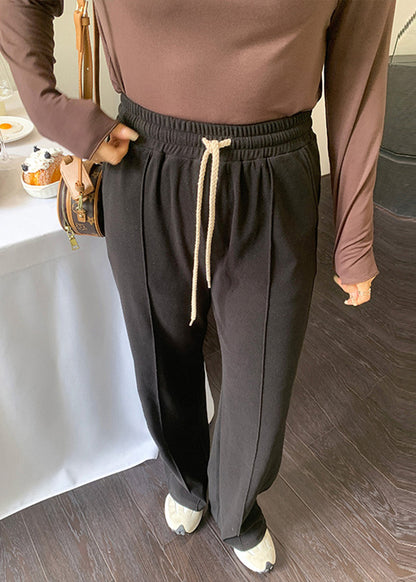 Slim Fit Black Elastic Waist Drawstring Velour Straight Pants Fall