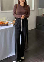 Slim Fit Black Elastic Waist Drawstring Velour Straight Pants Fall