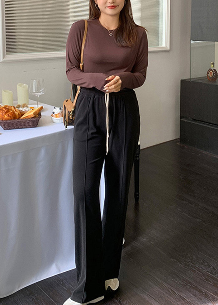 Slim Fit Black Elastic Waist Drawstring Velour Straight Pants Fall