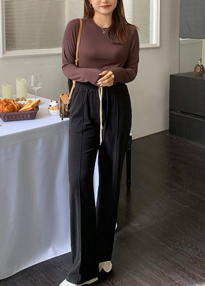 Slim Fit Black Elastic Waist Drawstring Velour Straight Pants Fall