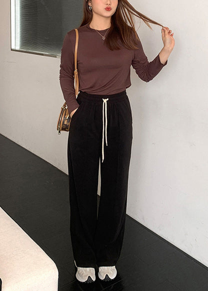 Slim Fit Black Elastic Waist Drawstring Velour Straight Pants Fall