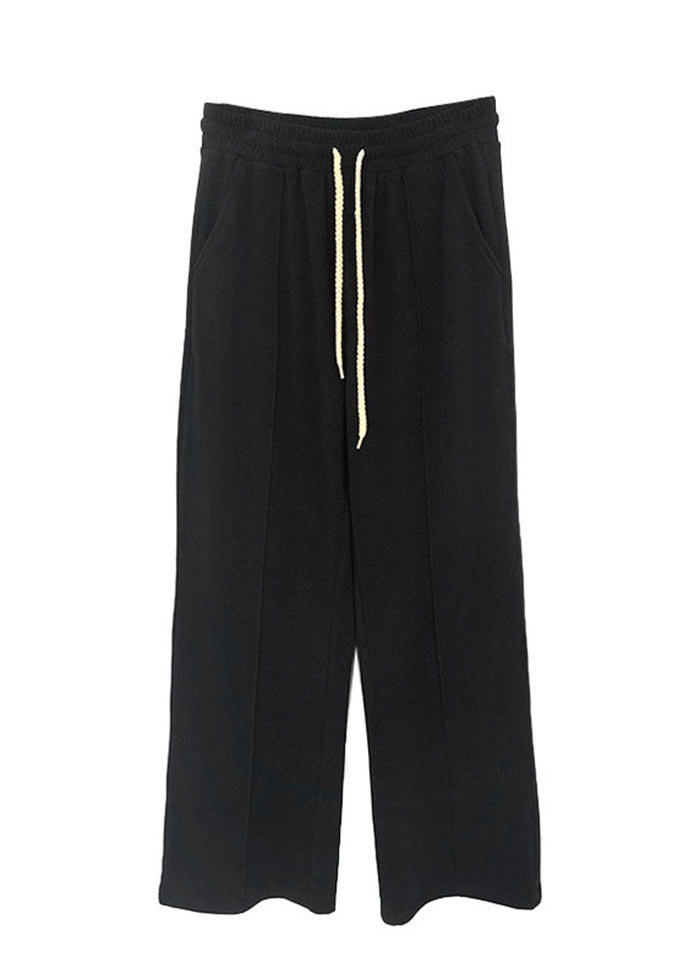 Slim Fit Black Elastic Waist Drawstring Velour Straight Pants Fall