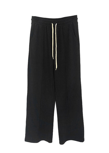Slim Fit Black Elastic Waist Drawstring Velour Straight Pants Fall