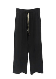 Slim Fit Black Elastic Waist Drawstring Velour Straight Pants Fall