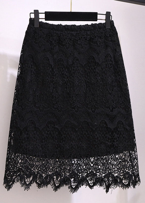 Slim Fit Black Hollow Out High Waist Patchwork Lace Skirt Summer