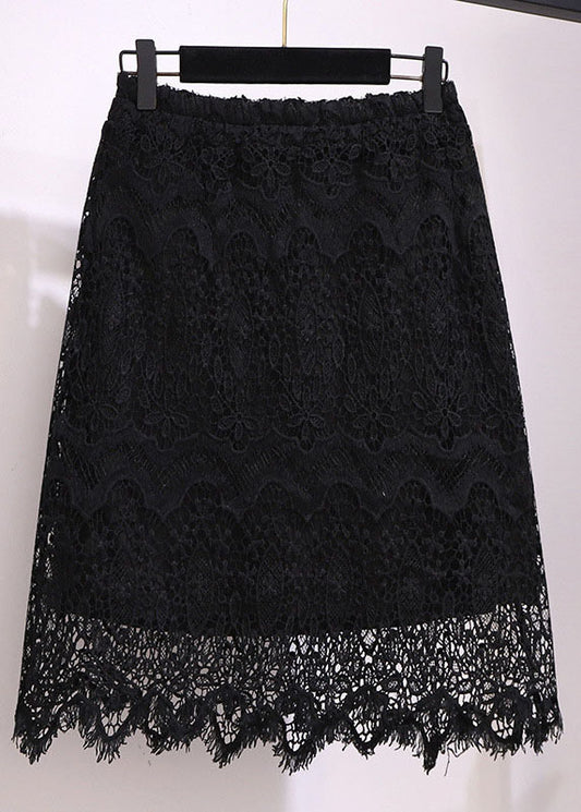 Slim Fit Black Hollow Out High Waist Patchwork Lace Skirt Summer