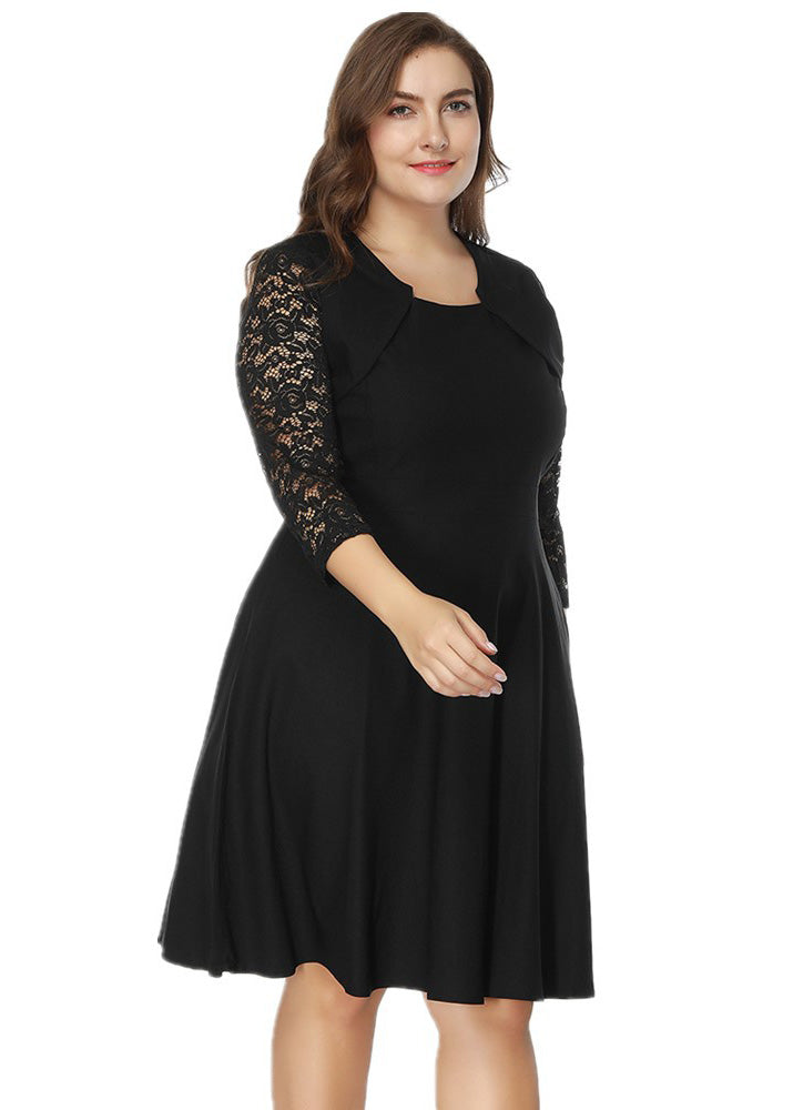 Slim Fit Black O-Neck Lace Patchwork Cotton Mid Dresses Bracelet Sleeve