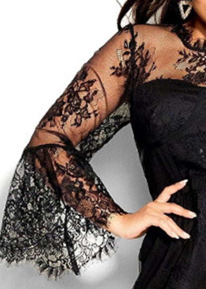 Slim Fit Black O-Neck Patchwork Lace Mid Dresses Summer