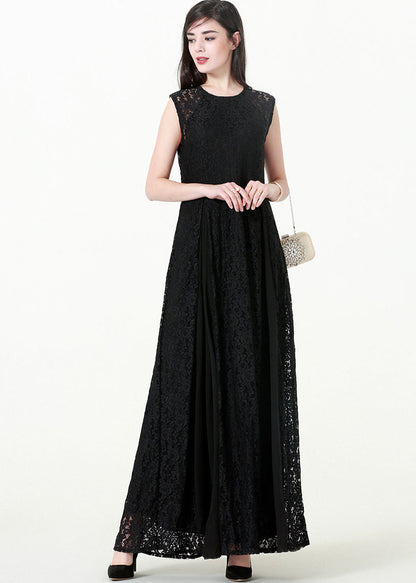 Slim Fit Black Patchwork Hollow Out Solid Lace Long Dresses Sleeveless