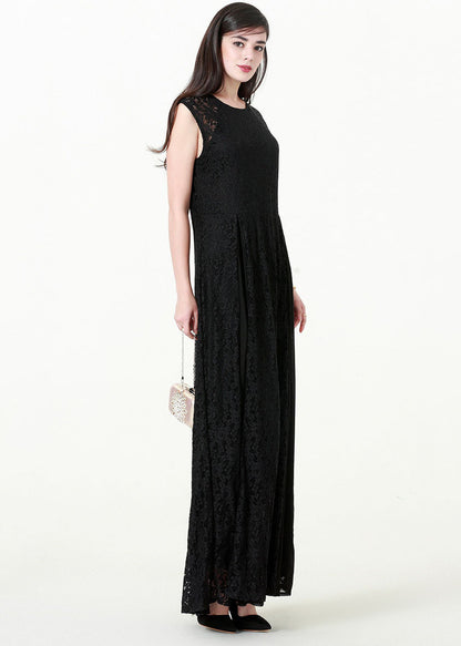Slim Fit Black Patchwork Hollow Out Solid Lace Long Dresses Sleeveless