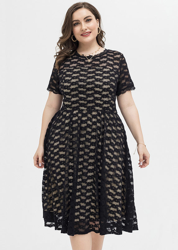 Slim Fit Black V Neck Patchwork Lace Mid Dresses Short Sleeve