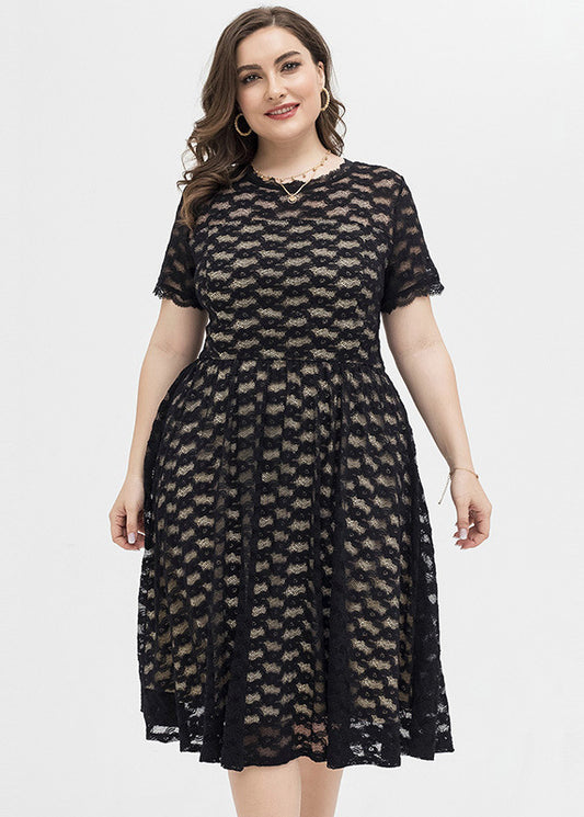 Slim Fit Black V Neck Patchwork Lace Mid Dresses Short Sleeve