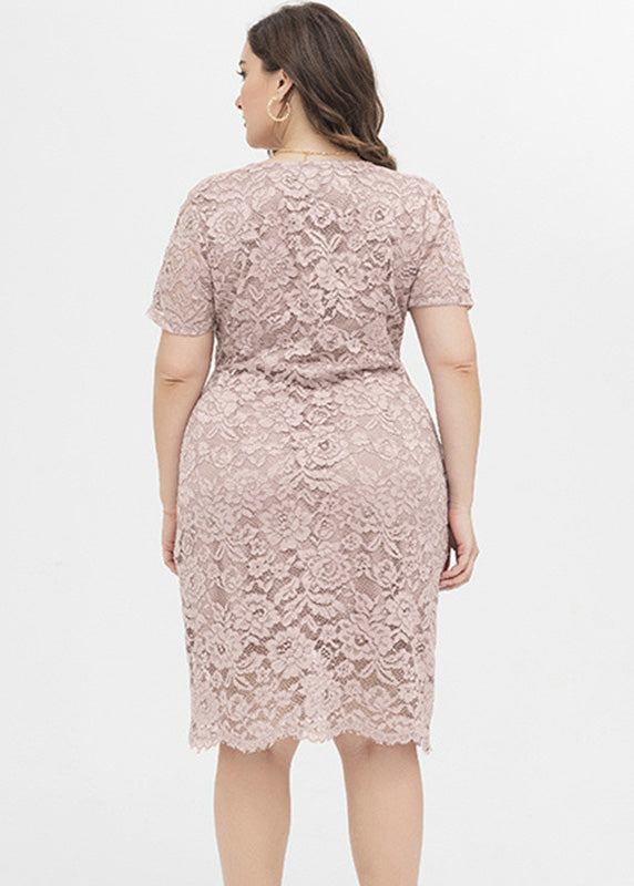 Slim Fit Black V Neck Patchwork Lace Mid Dresses Short Sleeve