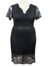 Load image into Gallery viewer, Slim Fit Black V Neck Patchwork Lace Mid Dresses Short Sleeve