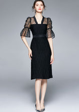 Load image into Gallery viewer, Slim Fit Black V Neck Tulle Patchwork Cotton Dress Flare Sleeve