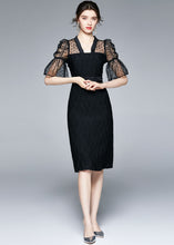 Load image into Gallery viewer, Slim Fit Black V Neck Tulle Patchwork Cotton Dress Flare Sleeve