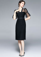 Load image into Gallery viewer, Slim Fit Black V Neck Tulle Patchwork Cotton Dress Flare Sleeve