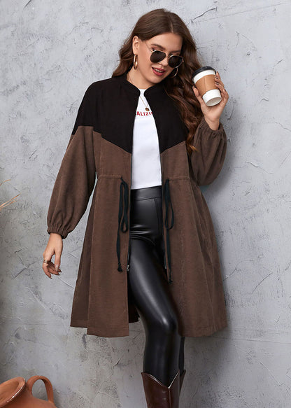 Slim Fit Coffee Stand Collar Patchwork Drawstring Zippered Long Trench Coats Fall