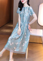Slim Fit Light Blue O-Neck Patchwork Print Silk Dress Summer