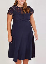 Load image into Gallery viewer, Slim Fit Navy Blue Lace Patchwork Knit Holiday Maxi Dress Short Sleeve
