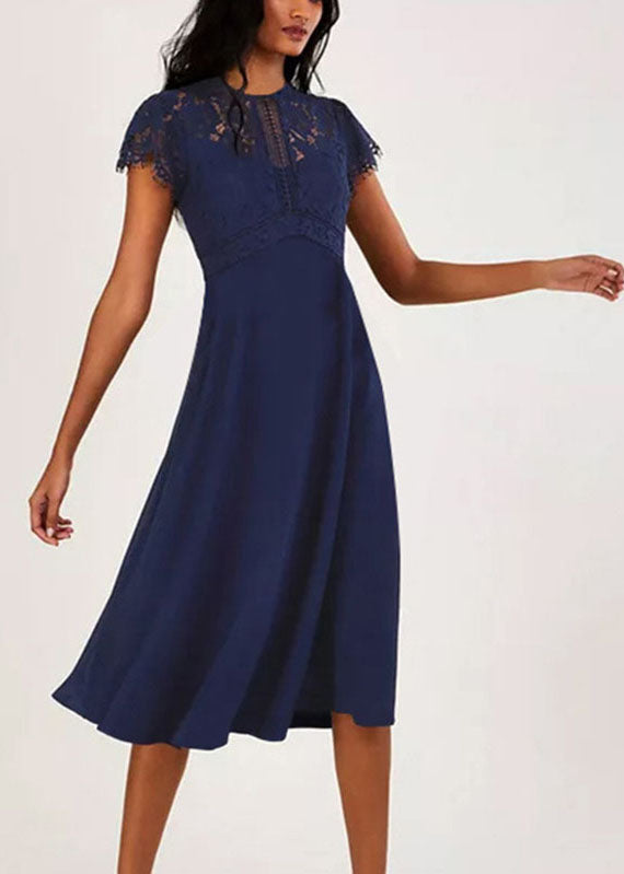 Slim Fit Navy Blue Lace Patchwork Knit Holiday Maxi Dress Short Sleeve