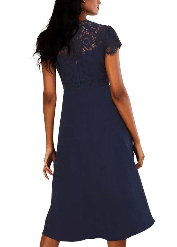 Slim Fit Navy Blue Lace Patchwork Knit Holiday Maxi Dress Short Sleeve
