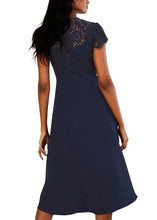 Load image into Gallery viewer, Slim Fit Navy Blue Lace Patchwork Knit Holiday Maxi Dress Short Sleeve