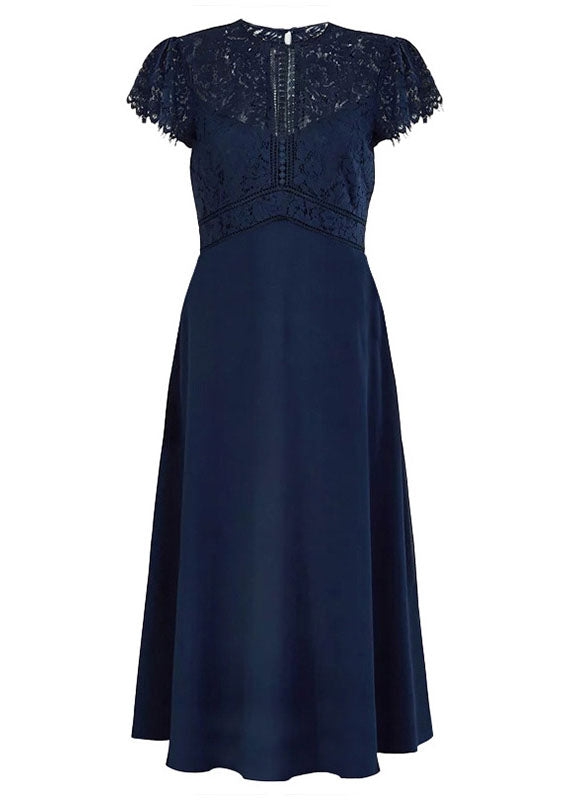 Slim Fit Navy Blue Lace Patchwork Knit Holiday Maxi Dress Short Sleeve