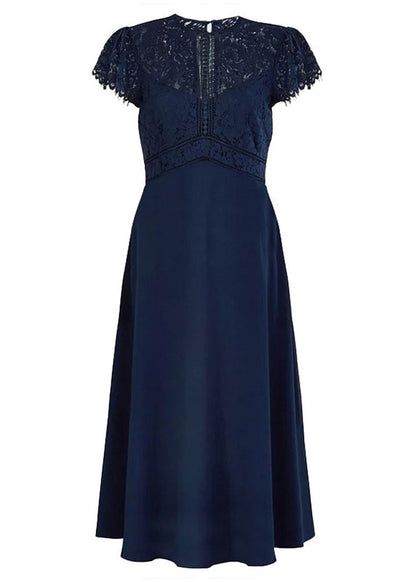 Slim Fit Navy Blue Lace Patchwork Knit Holiday Maxi Dress Short Sleeve