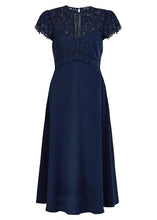 Load image into Gallery viewer, Slim Fit Navy Blue Lace Patchwork Knit Holiday Maxi Dress Short Sleeve