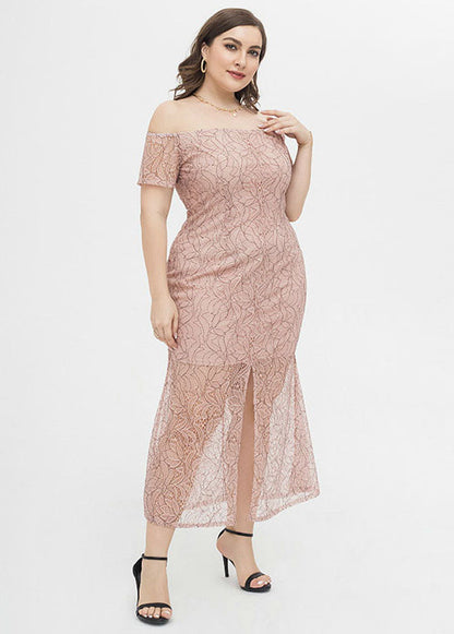 Slim Fit Pink Slash Neck Front Open Patchwork Lace Dress Summer