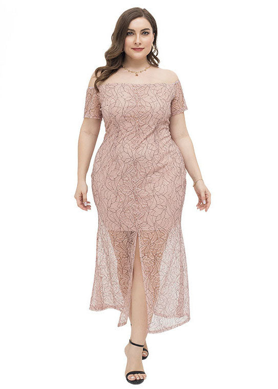 Slim Fit Pink Slash Neck Front Open Patchwork Lace Dress Summer