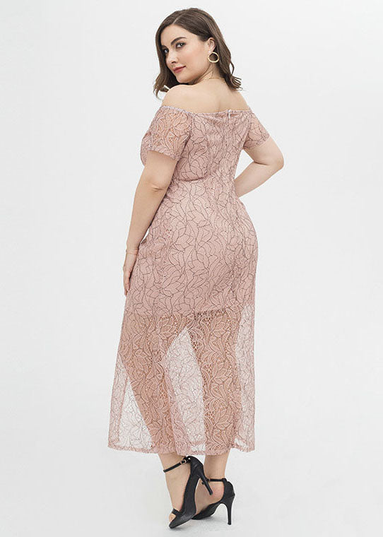 Slim Fit Pink Slash Neck Front Open Patchwork Lace Dress Summer