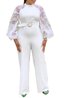 Slim Fit White O-Neck Tulle Patchwork Sashes Straight Jumpsuits Fall
