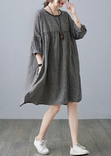 Load image into Gallery viewer, Small Plaid Patchwork Linen Mid Dress O Neck Wrinkled Summer
