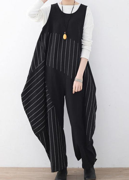 Spring  Summer Cotton Hemp Women Oversized Asymmetric Striped Jumpsuit