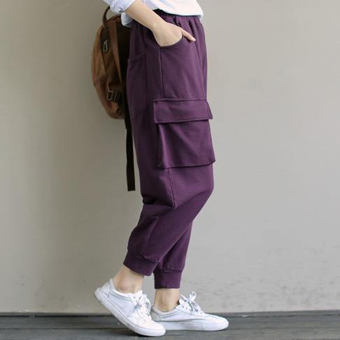 Spring Purple new solid color single pocket show thin Harem Pants