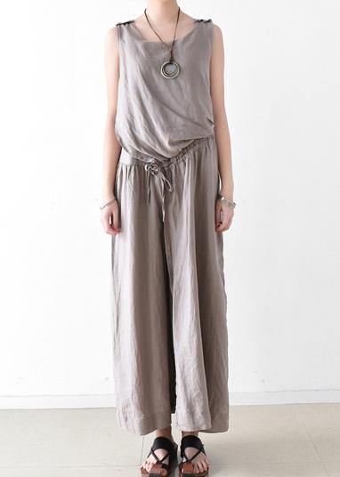 Spring Women Cotton Hemp Loose Wide Leg Jumpsuit Casual Pants