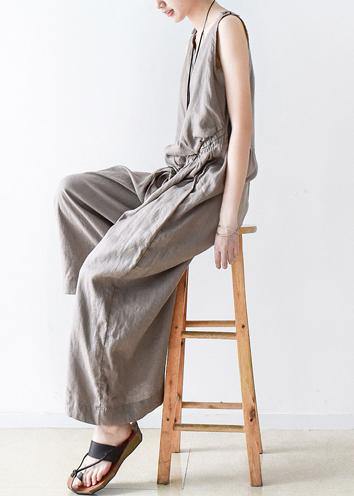 Spring Women Cotton Hemp Loose Wide Leg Jumpsuit Casual Pants