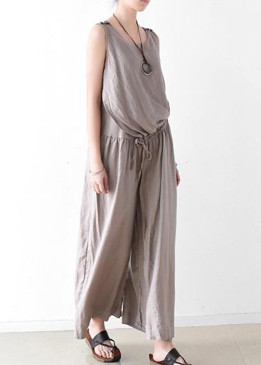 Spring Women Cotton Hemp Loose Wide Leg Jumpsuit Casual Pants
