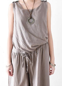 Spring Women Cotton Hemp Loose Wide Leg Jumpsuit Casual Pants