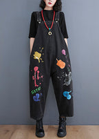 Streetwear Black painting Print Denim Jumpsuit Spring