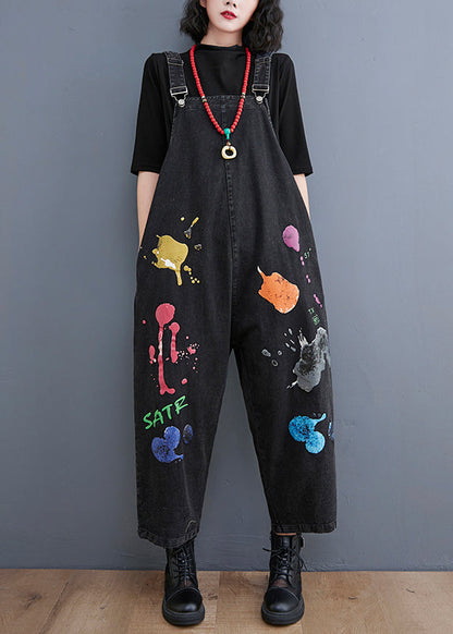 Streetwear Black painting Print Denim Jumpsuit Spring