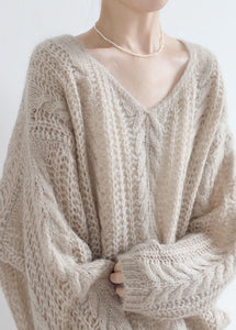 Style Apricot V Neck Chunky Oversized Ma Hai mao Knitted Tops Spring